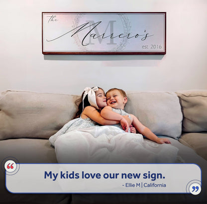 Family Sign canvas framed with cursive name and wreath on pastel background on Tampa Home & Garden Store