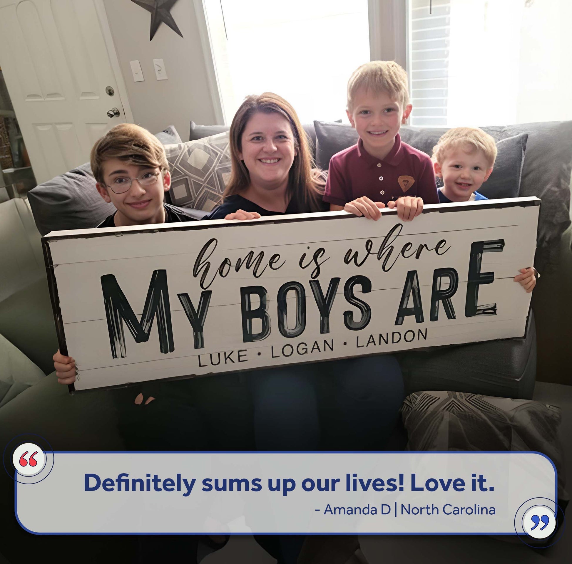Tailored Canvases canvas sign reading home is where my boys are held by a smiling family on Tampa Home & Garden Store