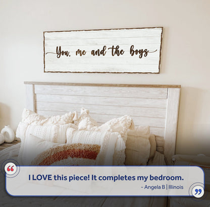 Canvas sign You, Me, And The Boys on whitewashed wood plank by Tailored Canvases on Tampa Home & Garden Store