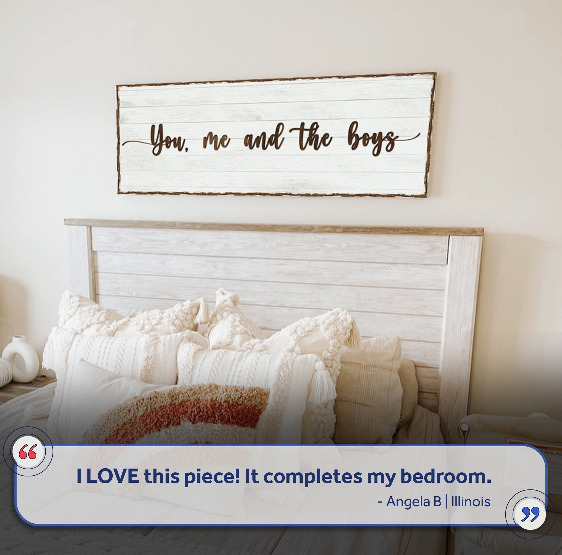 Canvas sign You, Me and the Boys on whitewashed rustic wood planks by Tailored Canvases on Tampa Home & Garden Store