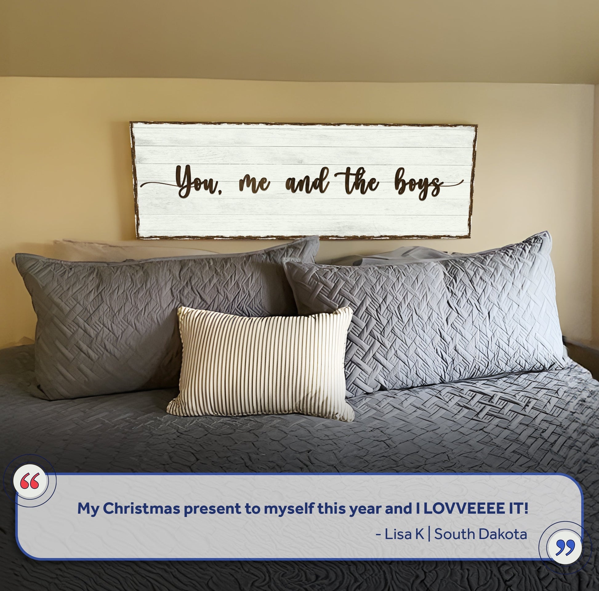 You, me, and the boys canvas sign in whitewashed wood plank style by Tailored Canvases on Tampa Home & Garden Store
