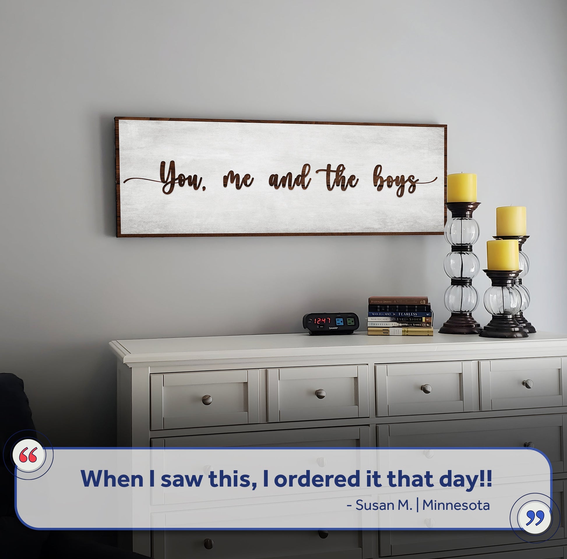 Sign Canvas You Me And The Boys by Tailored Canvases, white panel, brown wood frame on Tampa Home & Garden Store