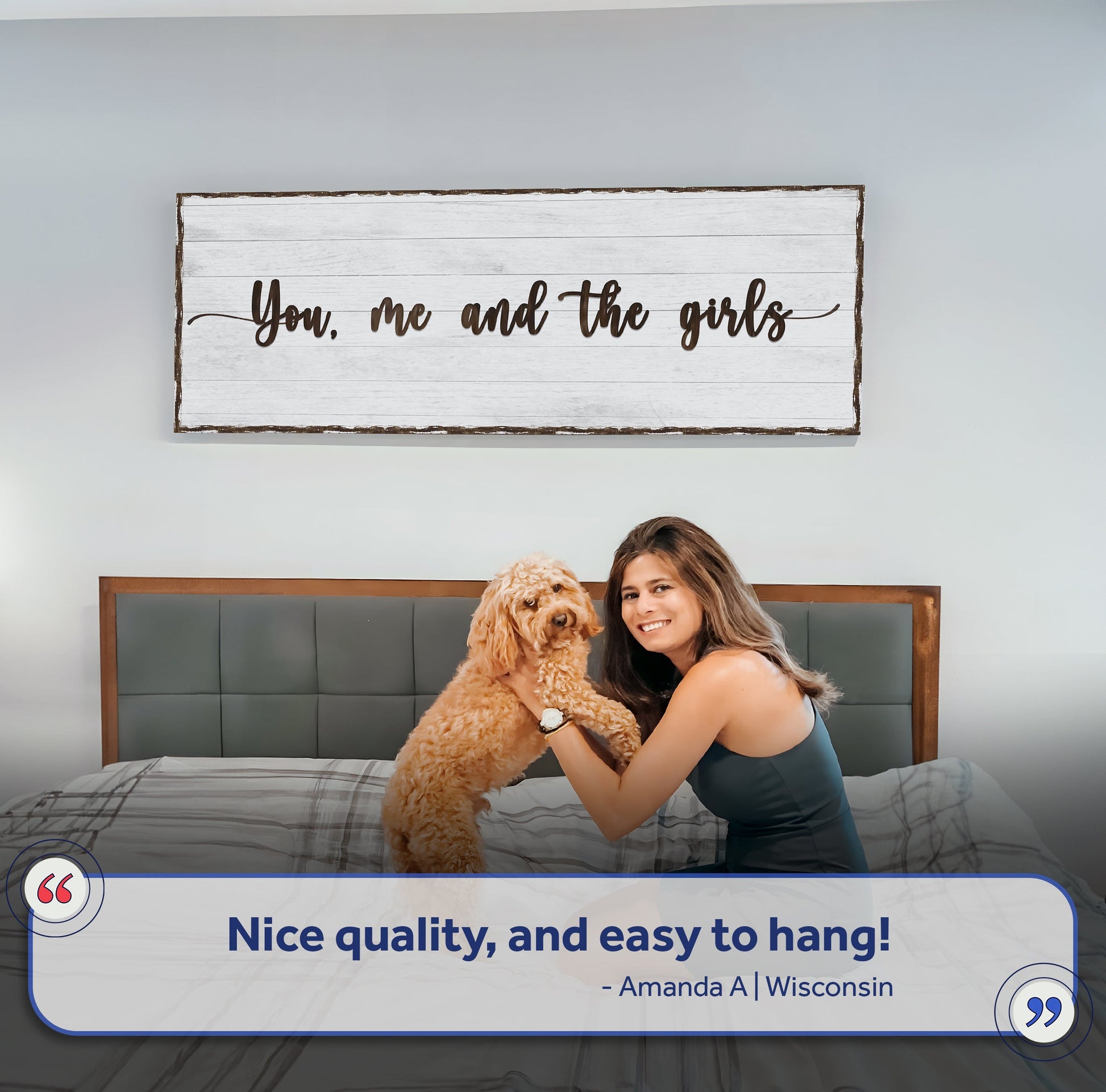You, Me, And The Girls Sign canvas by Tailored Canvases, whitewashed wood with dark script on Tampa Home & Garden Store