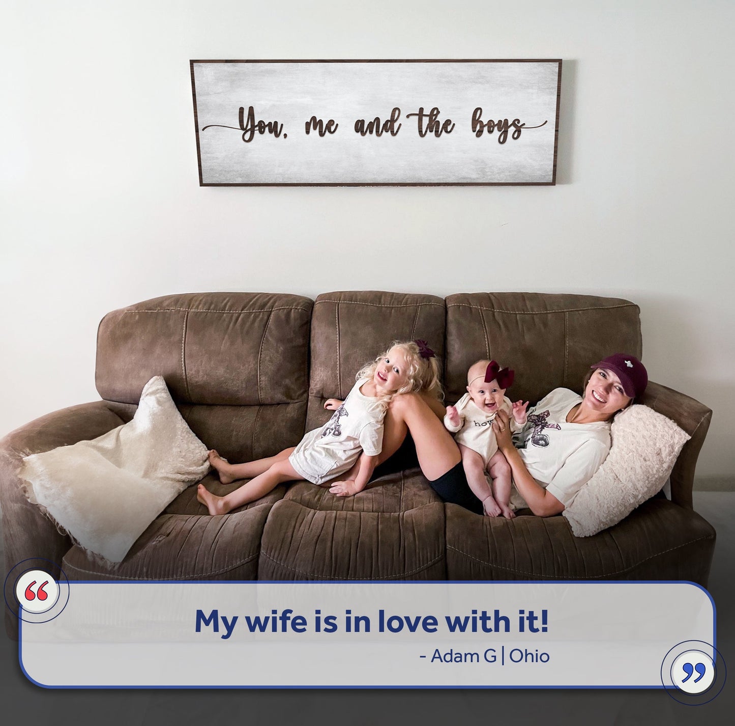 You, me and the boys canvas by Tailored Canvases with brown frame on gray backdrop on Tampa Home & Garden Store
