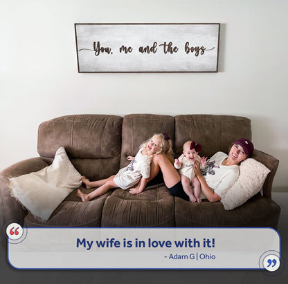 You, me and the boys canvas by Tailored Canvases with brown frame on gray backdrop on Tampa Home & Garden Store