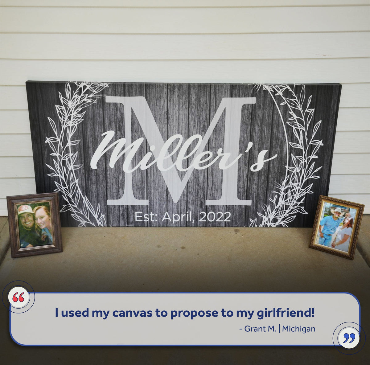 Tailored Canvases monogram family-name sign canvas with white M on dark wood, vine accents on Tampa Home & Garden Store