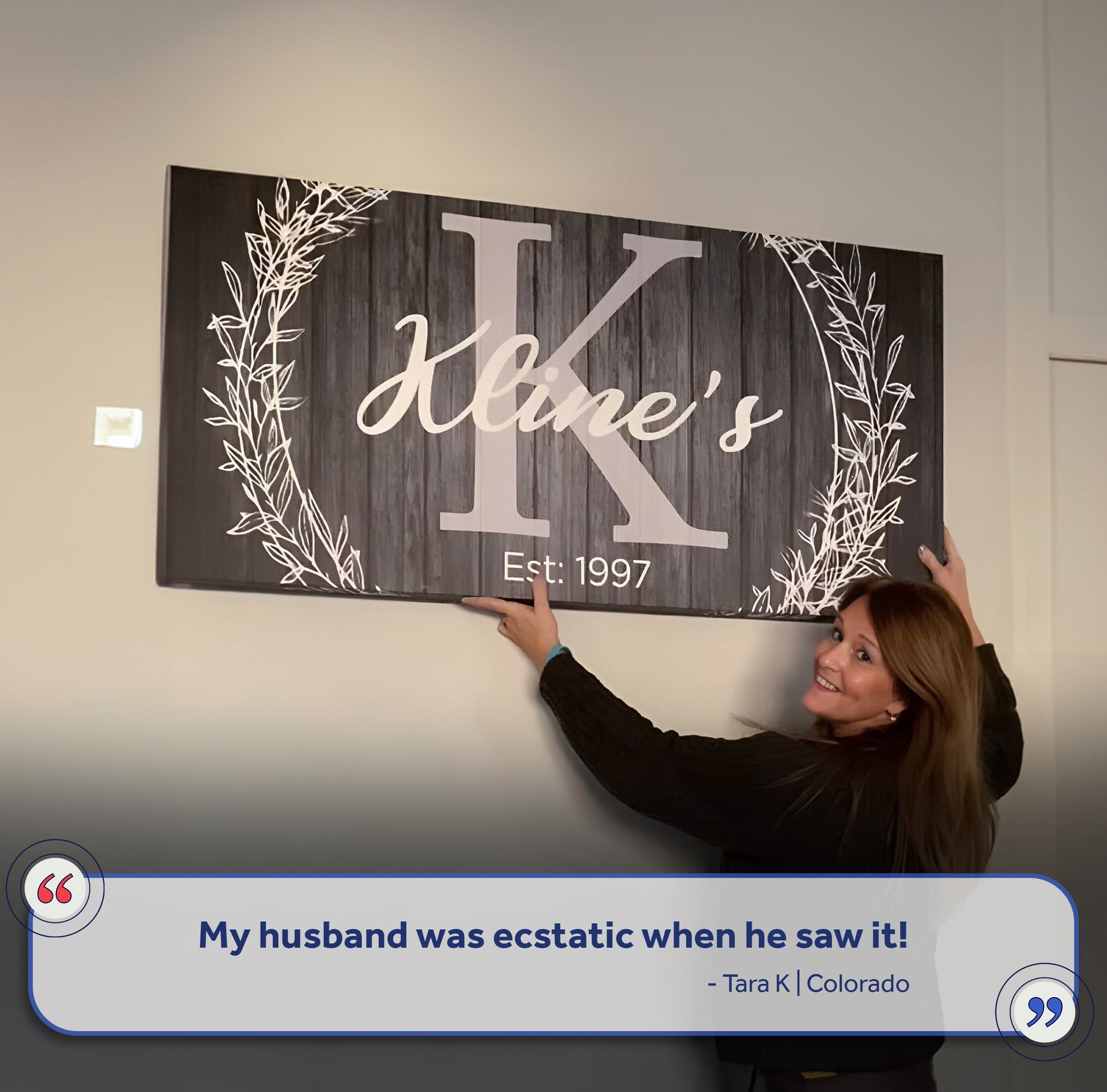 Family Name Monogram Sign on canvas with dark wood grain and white botanical wreath accents on Tampa Home & Garden Store