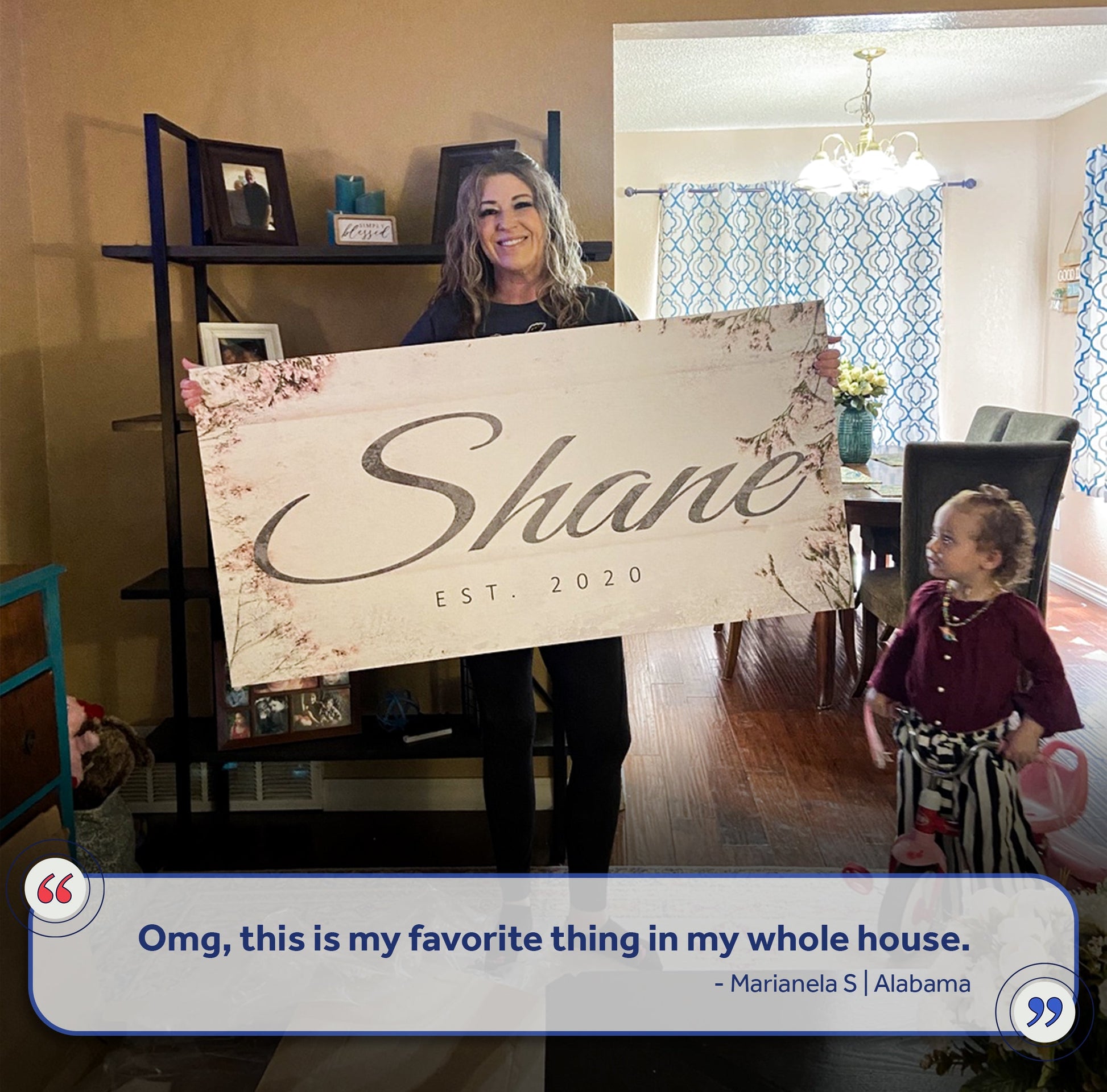 Family Name Sign canvas by Tailored Canvases; beige panel with large cursive name and EST. 2020 on Tampa Home & Garden Store