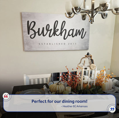 Family Name Sign IV canvas with gray weathered finish and script lettering established 2015 on Tampa Home & Garden Store