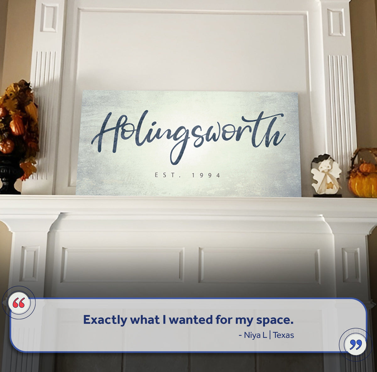 Family name sign canvas Hollingsworth in blue cursive on light silver-blue background on Tampa Home & Garden Store