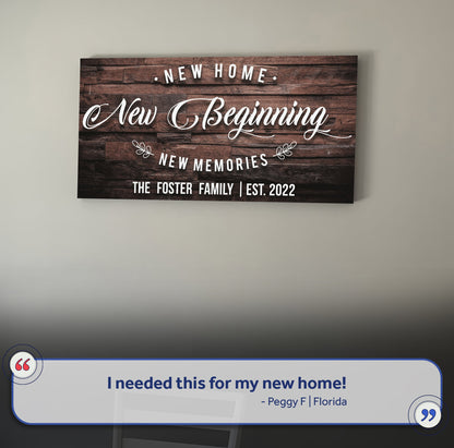 New Home Sign III canvas by Tailored Canvases on a wood-look plank background with white script text on Tampa Home & Garden Store