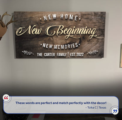 New Home Sign II canvas crafting sign with dark wood grain and elegant script Tailored Canvases on Tampa Home & Garden Store