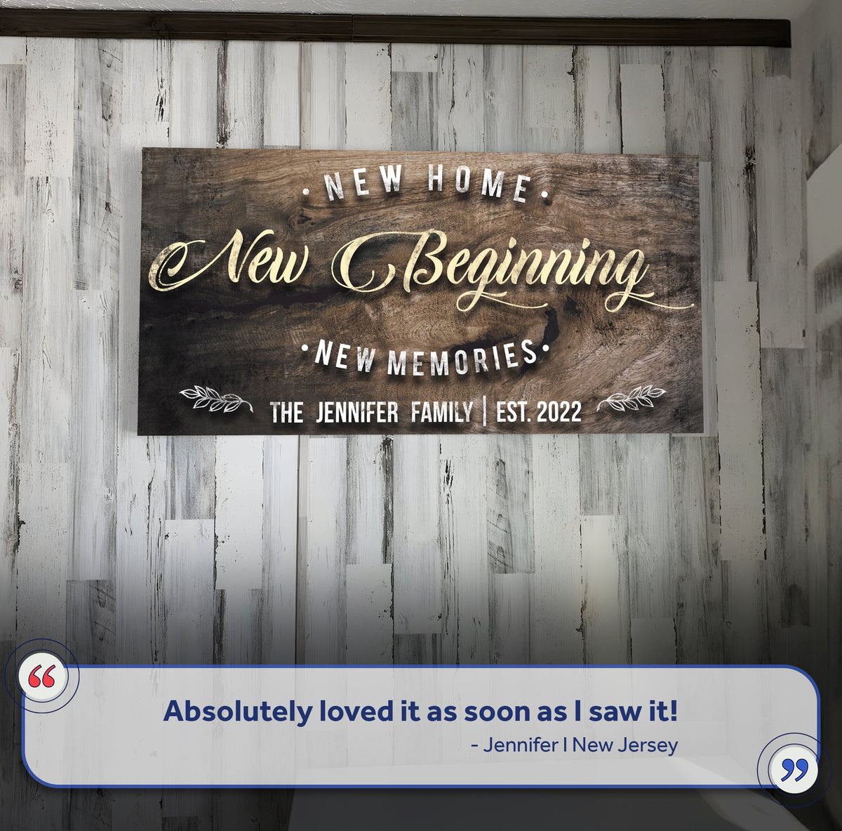 New Home Sign II canvas by Tailored Canvases on rustic wood with white NEW HOME lettering on Tampa Home & Garden Store