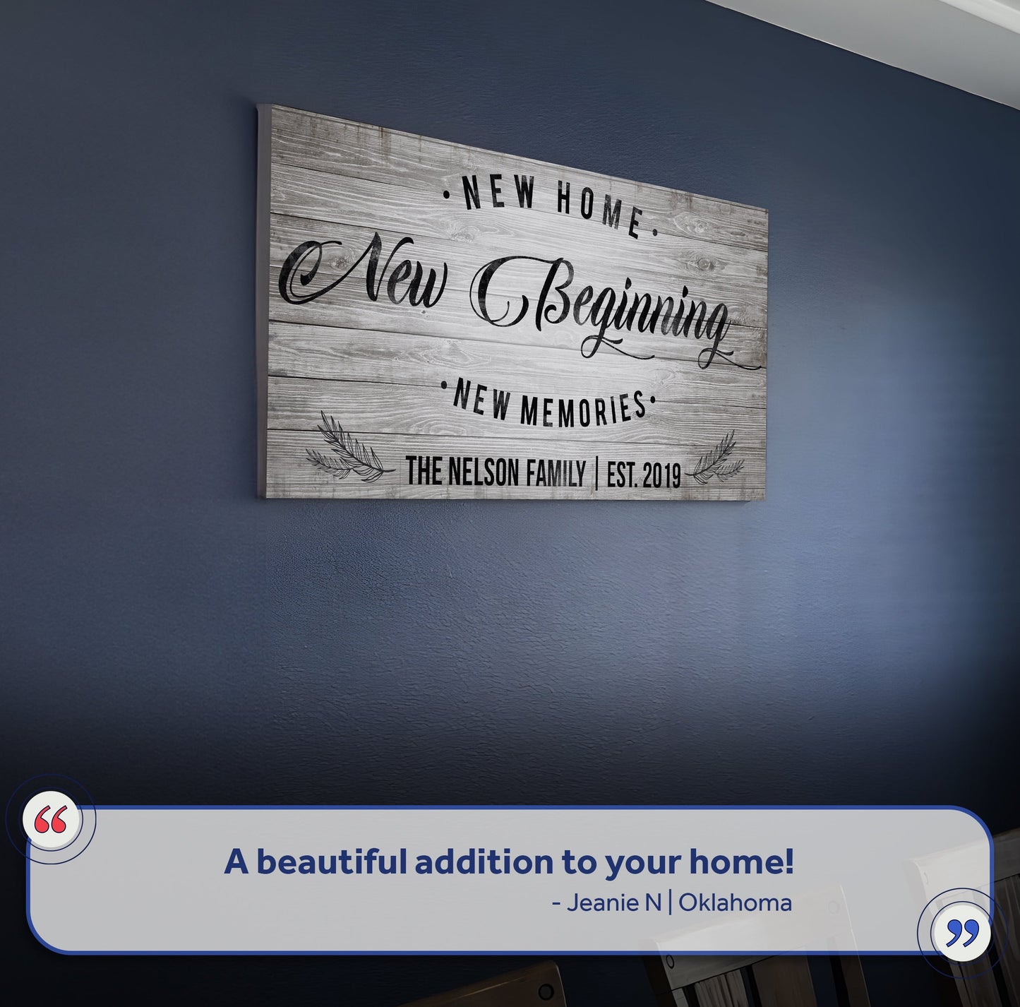 New Home Sign canvas decor on gray wood panel with script typography Tailored Canvases on Tampa Home & Garden Store