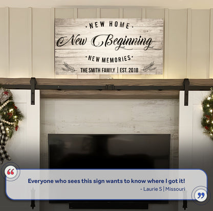 Canvas New Home Sign on white wood with black script New Beginning Tailored Canvases on Tampa Home & Garden Store