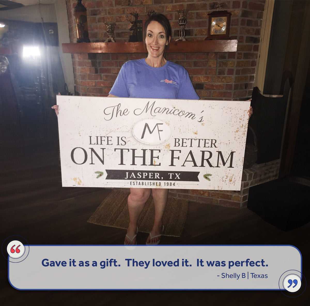 Life Is Better On The Farm Sign canvas held by a smiling woman; rustic distressed white sign on Tampa Home & Garden Store