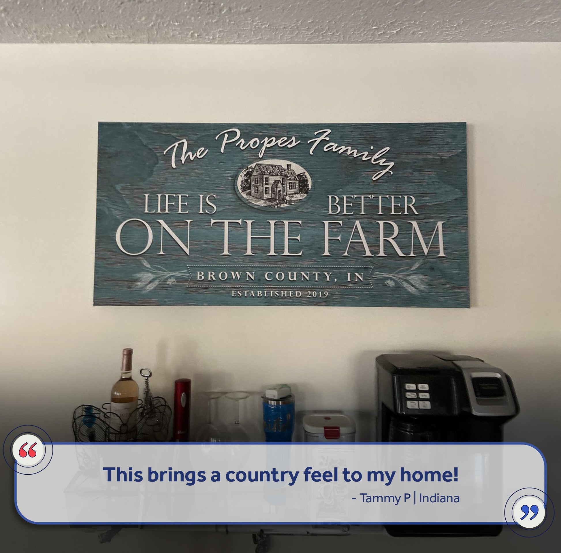 Life Is Better On The Farm Sign VI canvas by Tailored Canvases with teal distressed background and farmhouse illustration on Tampa Home & Garden Store