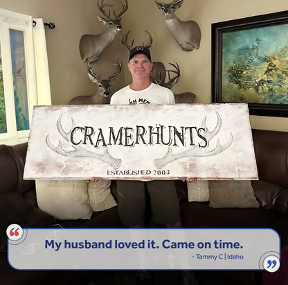 Rustic Family Antler Sign canvas by Tailored Canvases, white with black antler artwork on Tampa Home & Garden Store