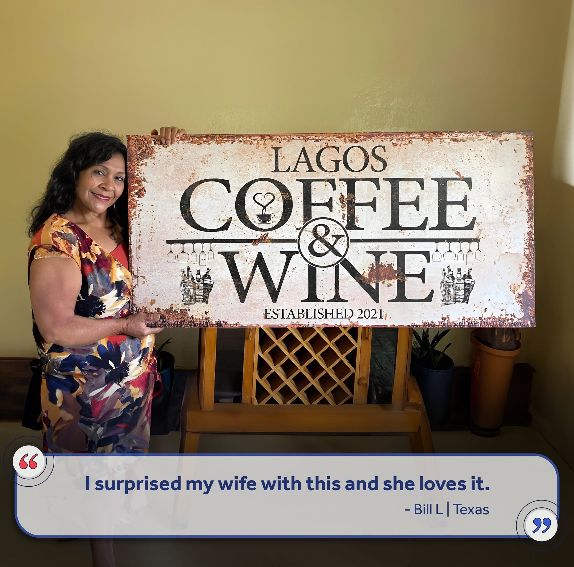 Canvas sign Lagos Coffee & Wine by Tailored Canvases; beige print on canvas on Tampa Home & Garden Store