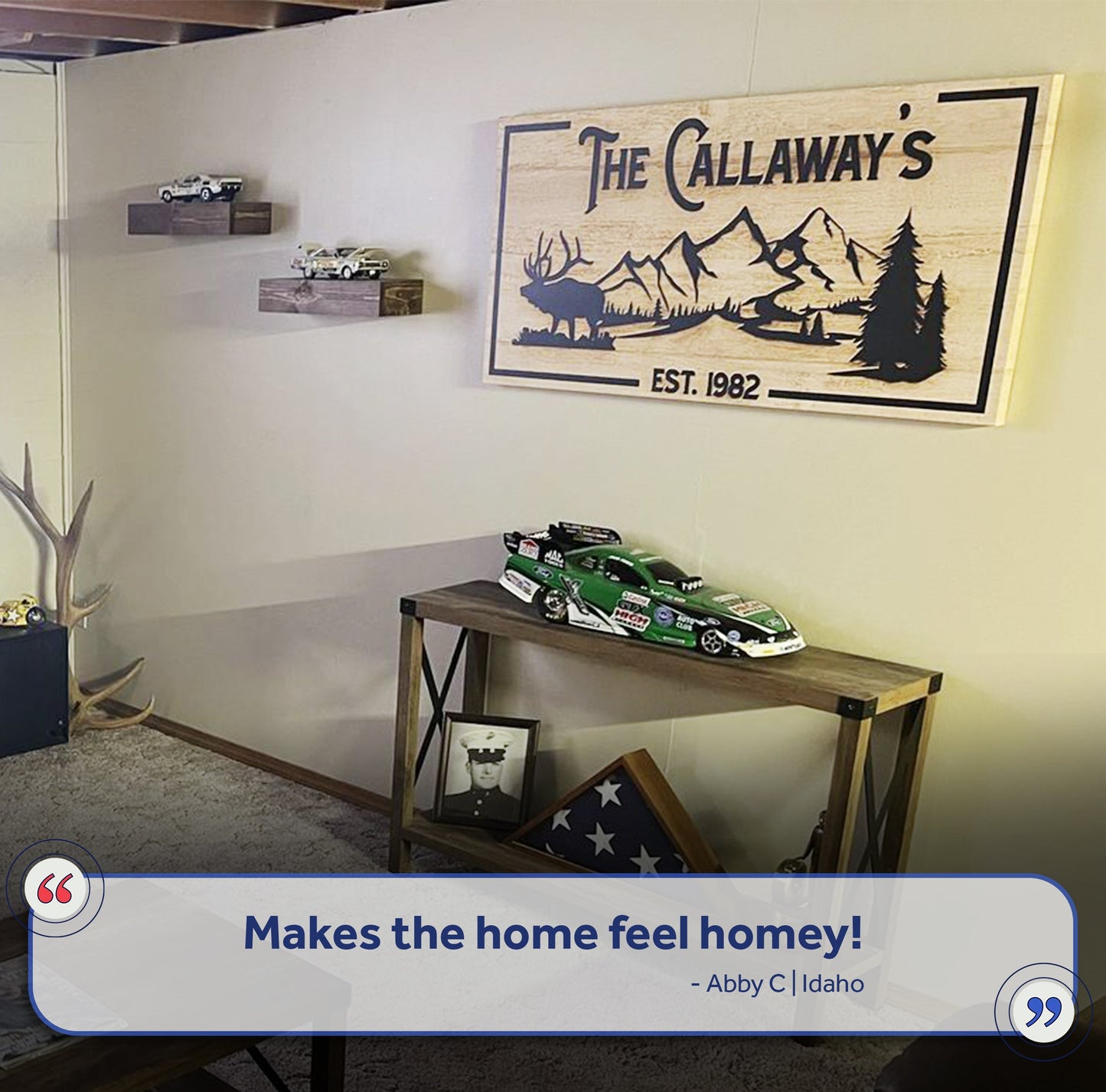 Family Mountain Sign canvas by Tailored Canvases with mountain elk scene on wood grain on Tampa Home & Garden Store