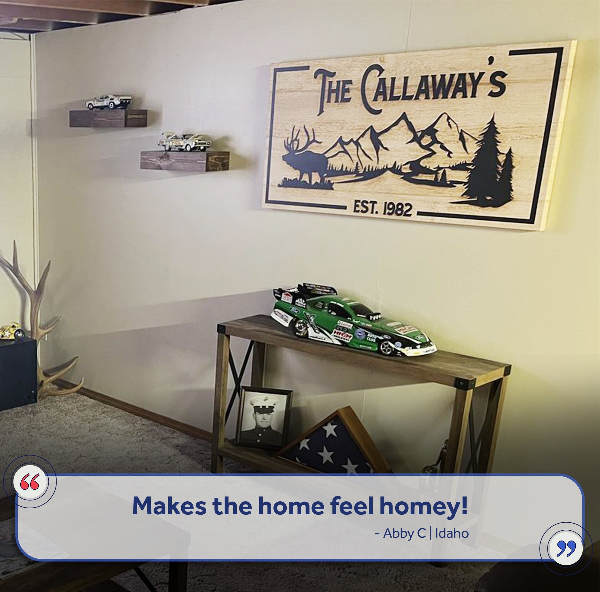 Family Mountain Sign canvas by Tailored Canvases with mountain elk scene on wood grain on Tampa Home & Garden Store