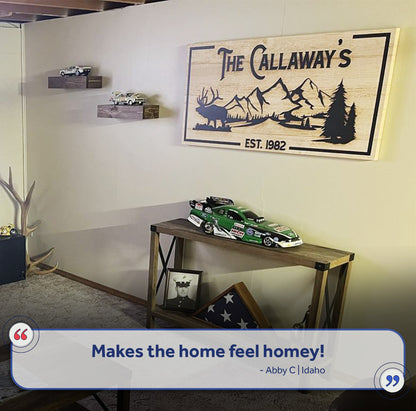 Family Mountain Sign canvas by Tailored Canvases with mountain elk scene on wood grain on Tampa Home & Garden Store