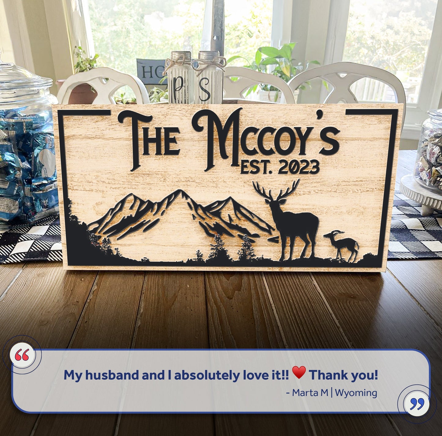 Family Mountain Sign II canvas crafting sign with wood finish and mountain deer silhouettes on Tampa Home & Garden Store