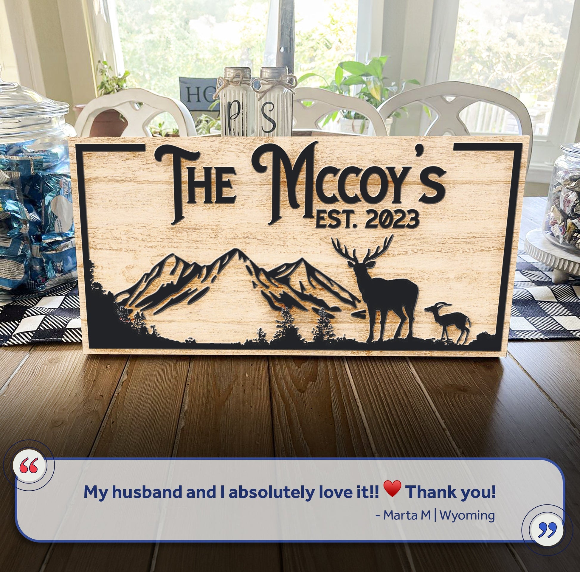 Family Mountain Sign II canvas crafting sign with wood finish and mountain deer silhouettes on Tampa Home & Garden Store