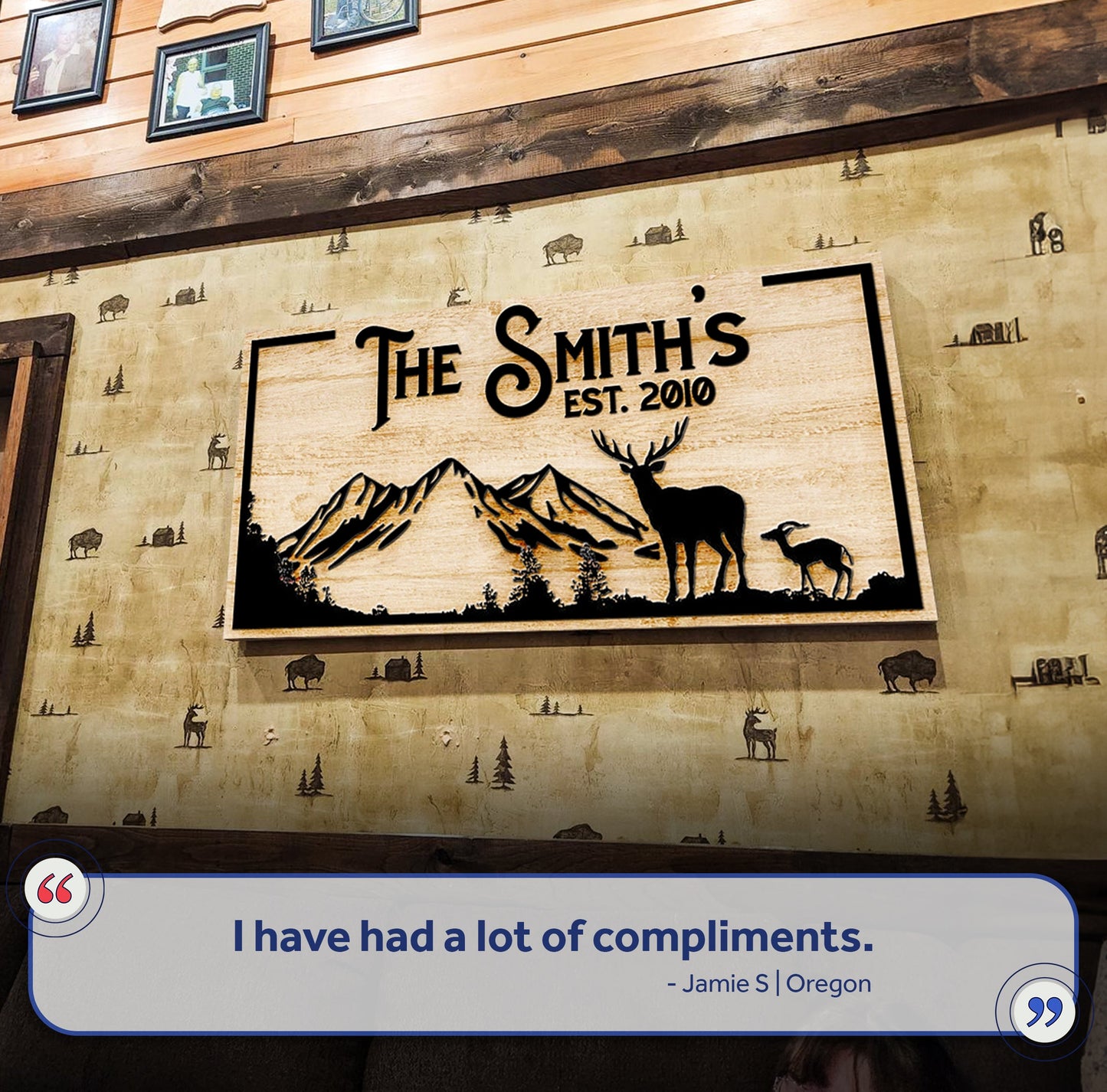 Family Mountain Sign II canvas; rustic cabin with mountains and deer on wood backdrop on Tampa Home & Garden Store
