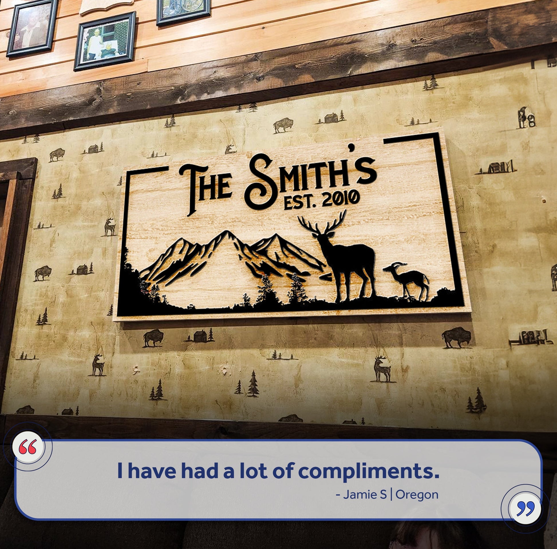 Family Mountain Sign II canvas; rustic cabin with mountains and deer on wood backdrop on Tampa Home & Garden Store