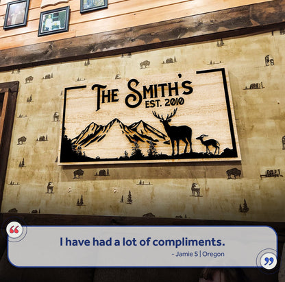 Family Mountain Sign II canvas; rustic cabin with mountains and deer on wood backdrop on Tampa Home & Garden Store