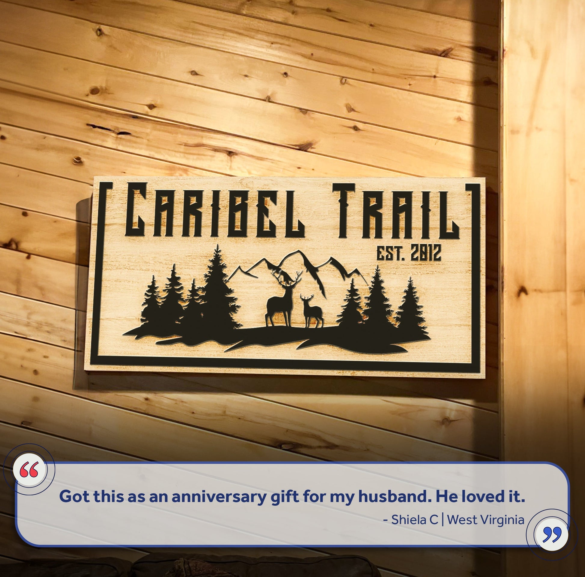 Family Mountain Sign III canvas with rustic wood panel, pine trees and deer silhouette on Tampa Home & Garden Store
