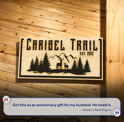 Family Mountain Sign III canvas with rustic wood panel, pine trees and deer silhouette on Tampa Home & Garden Store