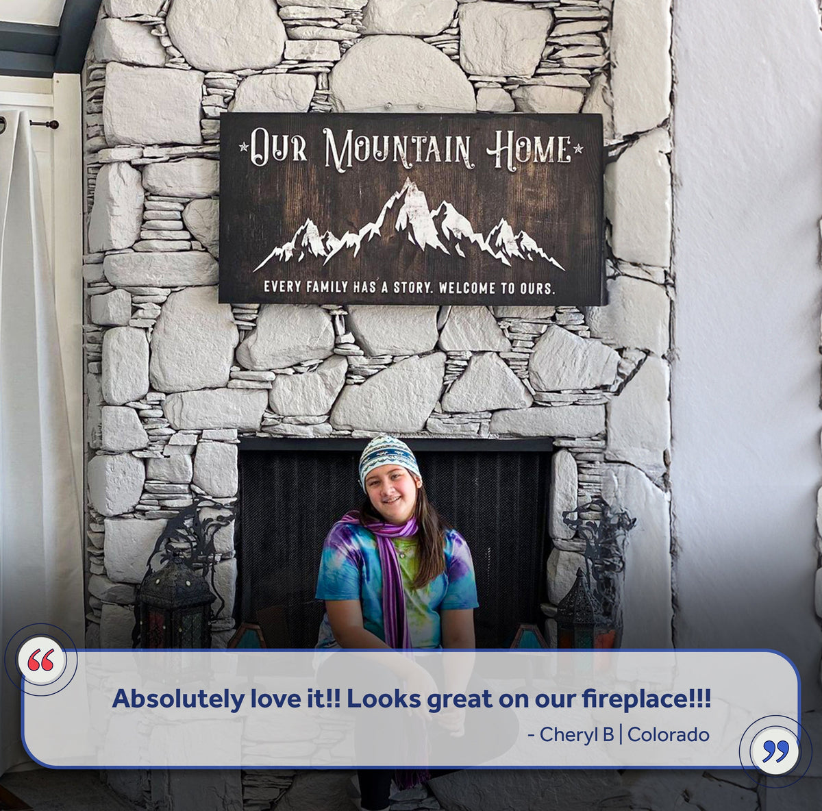 Family Mountain Home Sign II canvas with white mountain motif on dark wood over stone fireplace on Tampa Home & Garden Store