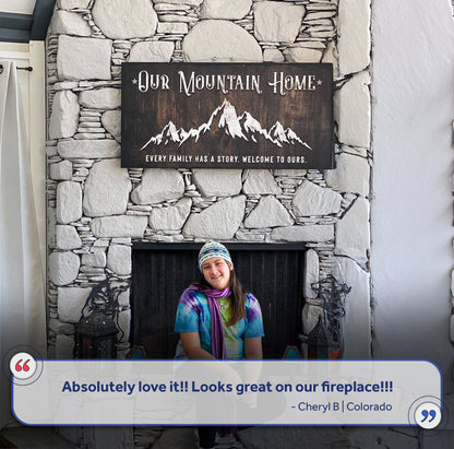 Family Mountain Home Sign II canvas with white mountain motif on dark wood over stone fireplace on Tampa Home & Garden Store