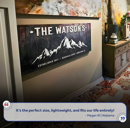 Family Mountain Home Sign III canvas wall art with white raised lettering by Tailored Canvases on Tampa Home & Garden Store