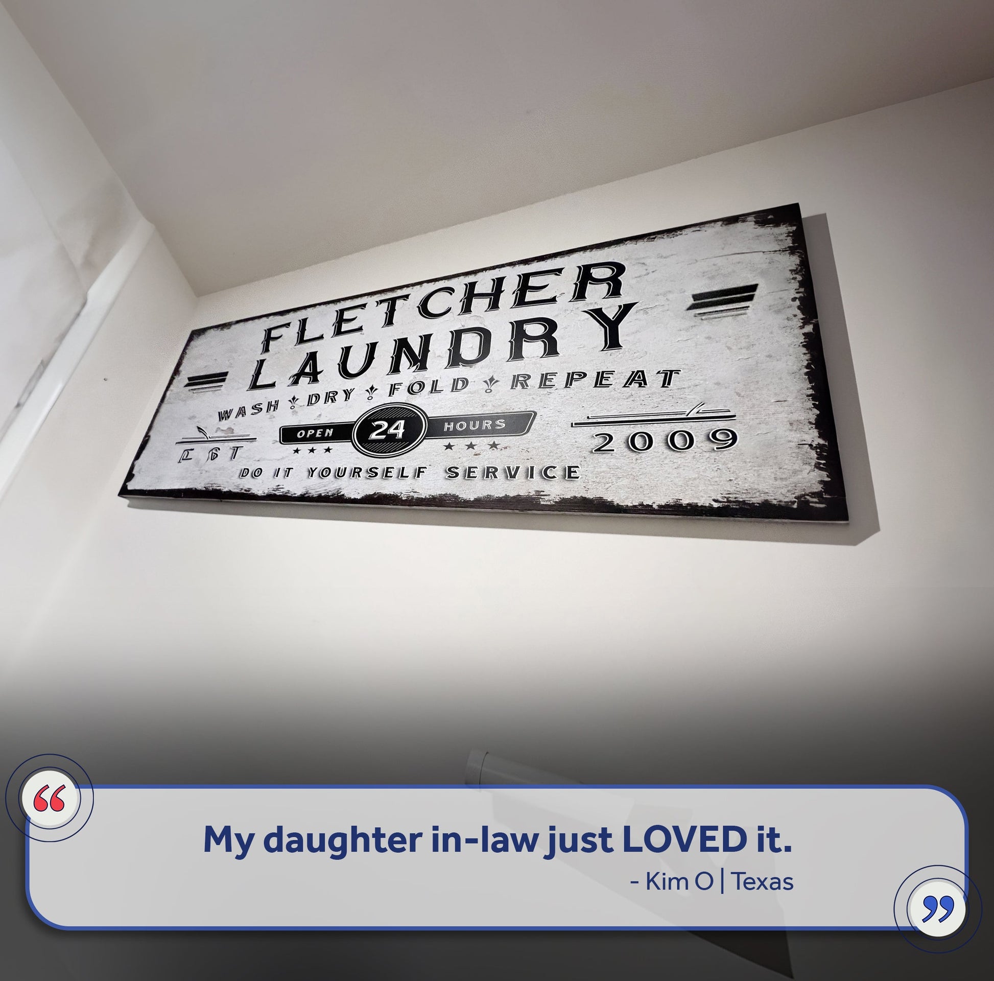 Personalized laundry room sign canvas with distressed black lettering on white background on Tampa Home & Garden Store