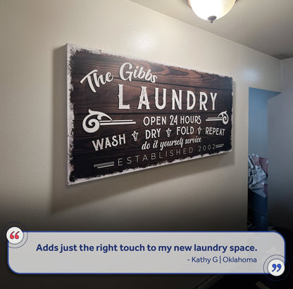 Personalized Laundry Room Sign III canvas by Tailored Canvases with white lettering on Tampa Home & Garden Store