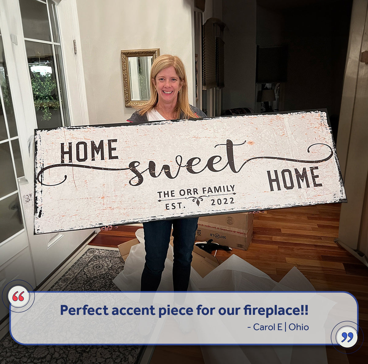 Home Sweet Home sign canvas by Tailored Canvases; distressed white canvas with black script on Tampa Home & Garden Store