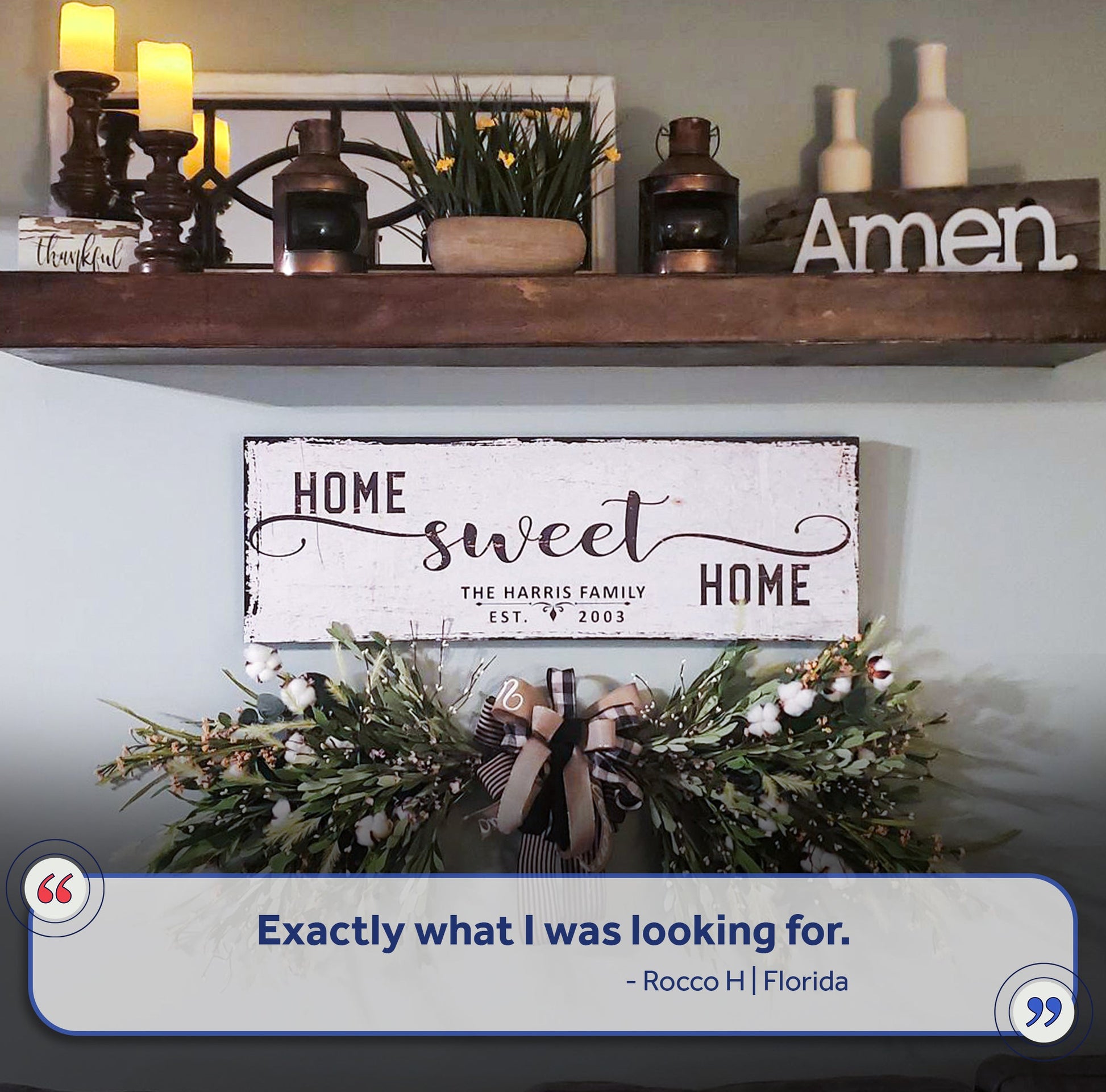 Home Sweet Home canvas sign in distressed white, on a rustic shelf with greenery bouquet on Tampa Home & Garden Store