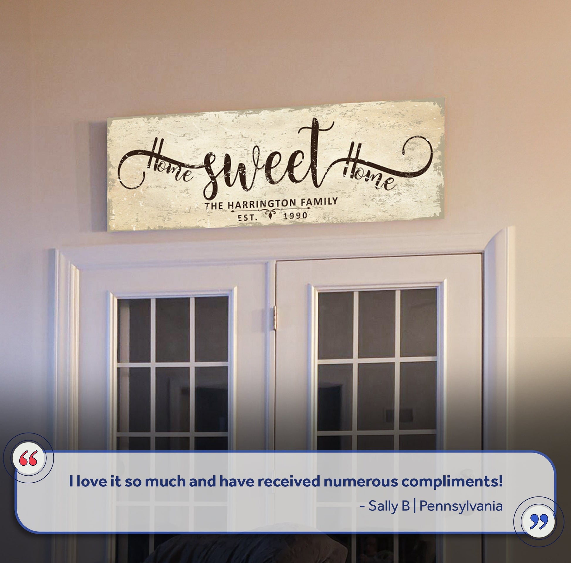 Home Sweet Home canvas sign with distressed beige background and vintage script above a doorway on Tampa Home & Garden Store
