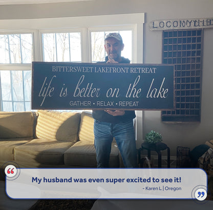 Life Is Better On The Lake Sign canvas decor with navy background and white script on Tampa Home & Garden Store