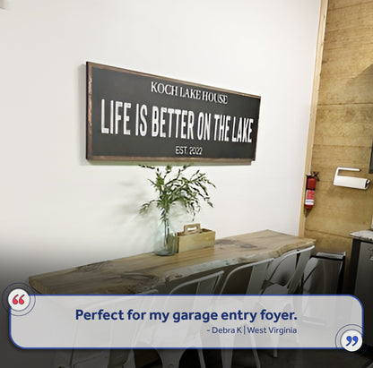 Life Is Better On The Lake Sign III canvas; black chalkboard-style sign with white text on Tampa Home & Garden Store