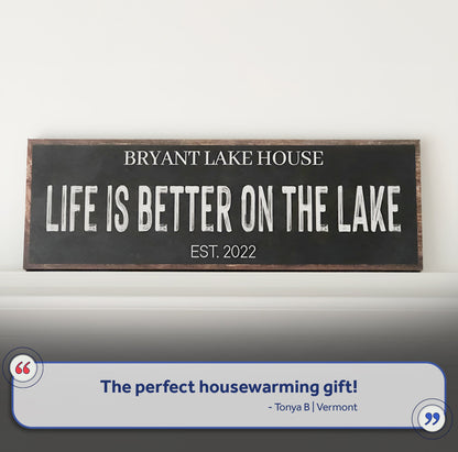 Life Is Better On The Lake Sign III canvas by Tailored Canvases with white lettering on Tampa Home & Garden Store