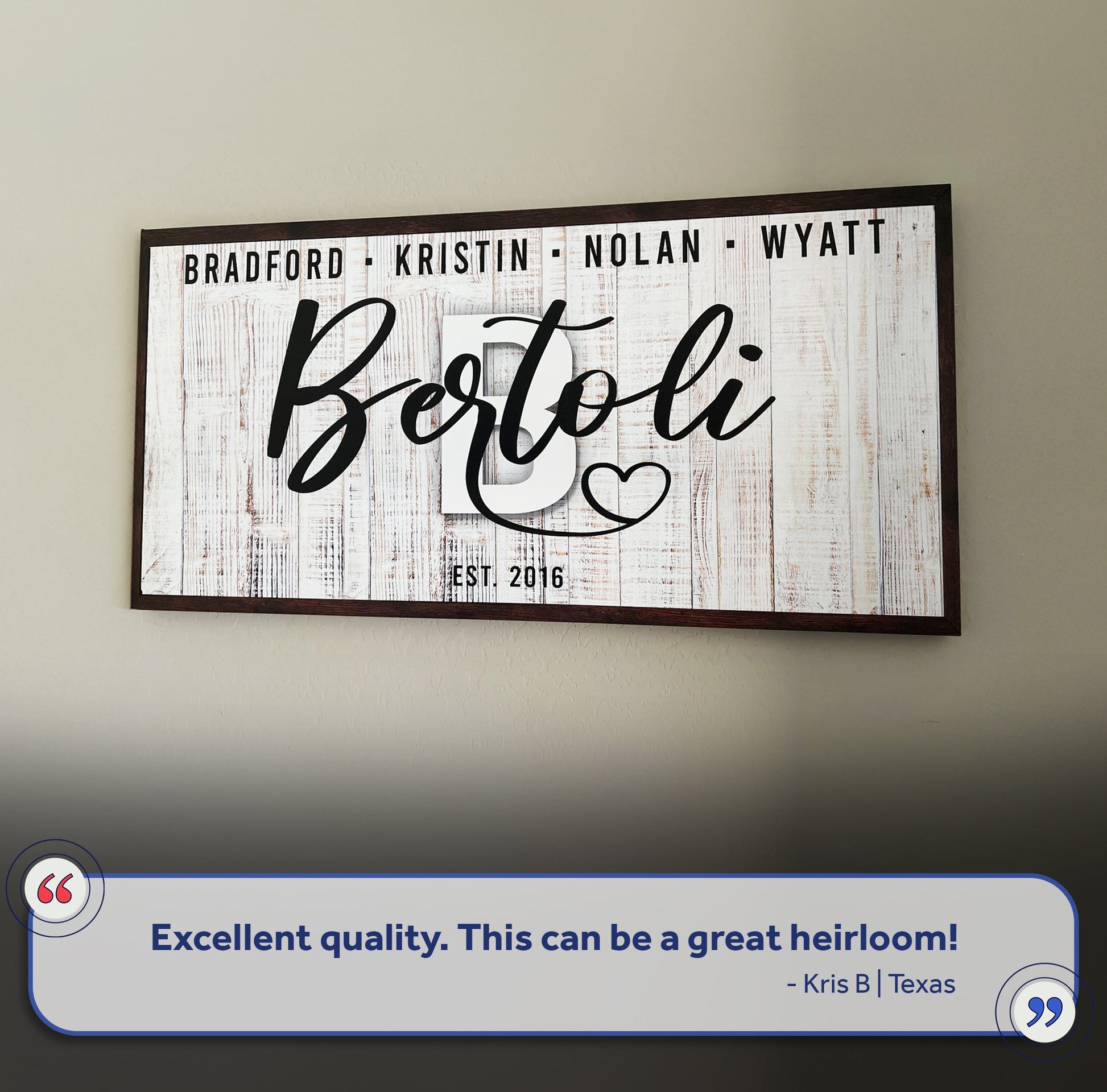 Family Wood Sign III canvas with white wood background, dark frame and cursive text on Tampa Home & Garden Store