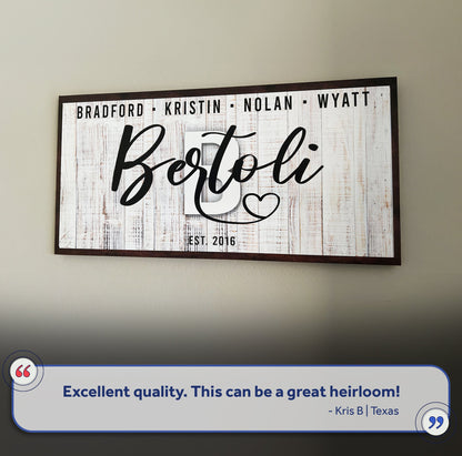 Family Wood Sign III canvas with white wood background, dark frame and cursive text on Tampa Home & Garden Store