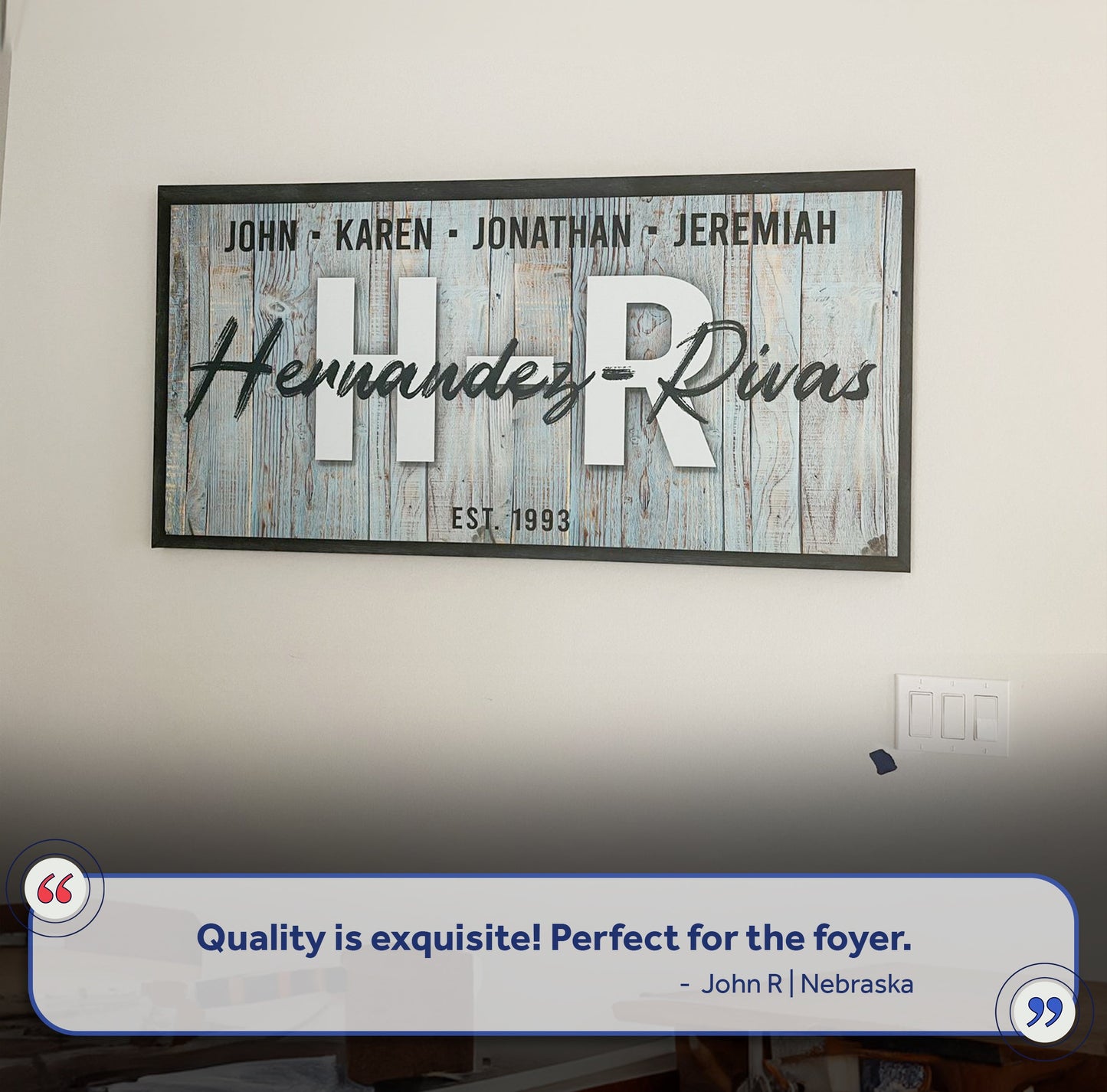 Family Wood Sign IV canvas by Tailored Canvases featuring blue weathered wood and John-Karen on Tampa Home & Garden Store