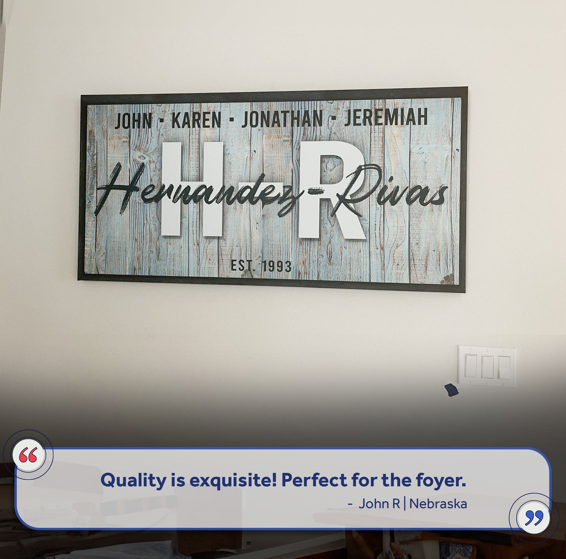 Family Wood Sign IV canvas by Tailored Canvases featuring blue weathered wood and John-Karen on Tampa Home & Garden Store
