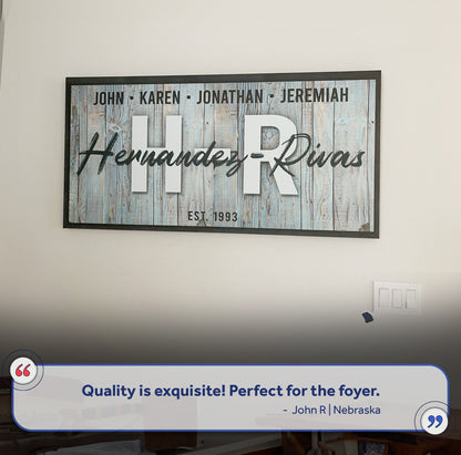 Family Wood Sign IV canvas by Tailored Canvases featuring blue weathered wood and John-Karen on Tampa Home & Garden Store