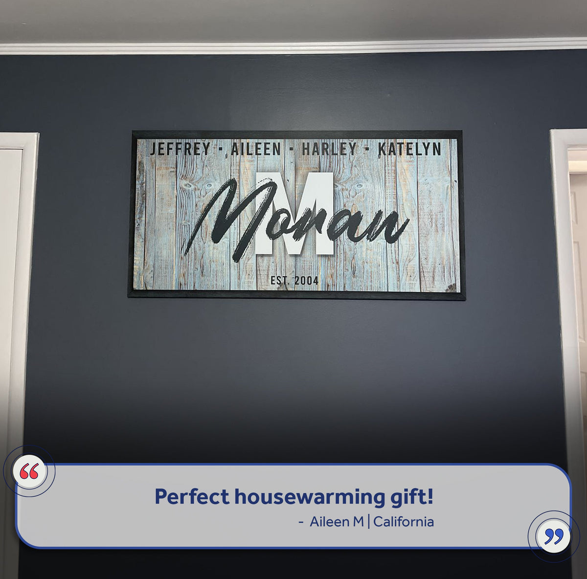 Canvas family wood sign IV with blue weathered planks and bold Mom script EST 2004 on Tampa Home & Garden Store